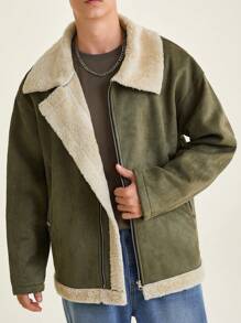 青少年男孩休闲酷炫雪山印花舒适长袖连帽毛绒夹克 - 軍綠色 - 查看 1