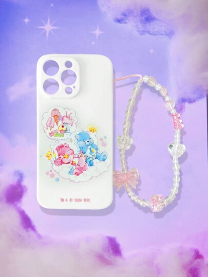 ROMWE X Care Bears 2pcs/Set Cute Cartoon Soft Silicone Phone Case Chain Holder, Compatible With IPhone 12/13/14 Series