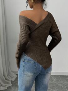 Selianne Elegant Khaki Knotted Shoulder Knit Sweater Pullover Top For Women Knit Pullover Fall Winter - Brown - View 2