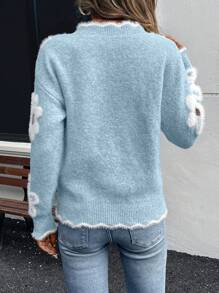 Suéter holgado de manga larga con estampado de flores de piel de visón elegante para mujer - Azul - Ver 2