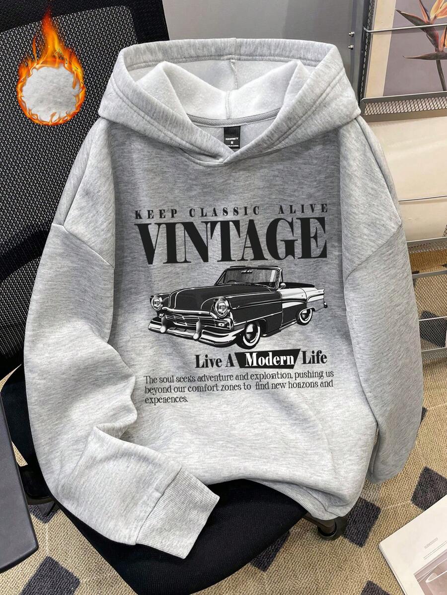 Manfinity Homme Áo nỉ trùm đầu dày in hình xe hơi và chữ màu xám thạch nam dáng rộng thoải mái cổ điển, áo hoodie dài tay họa tiết xe hơi màu xám nhạt cổ điển, quà tặng cho bạn bè, chồng, bạn trai - Màu Xám nhạt - Xem 1