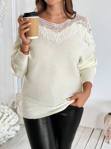 SHEIN Clasi Plus Size Women Contrast Lace Round Neck Batwing Long Sleeve Elegant Pullover Sweater, Autumn/Winter - Beige - View 5