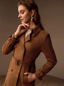 MOTF PREMIUM SUEDETTE SOLID BUCKLE BELTED DOUBLE BREASTED PLACKET LONG TRENCH COAT