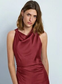 Maija Women Autumn Solid Color Ruched Neck Pleated Elegant Sleeveless Dress,Summer Dresses For Women, Country Concert Outfit,European Summer, Christmas Women's Clothing,Party Dress - Burgundy - View 4