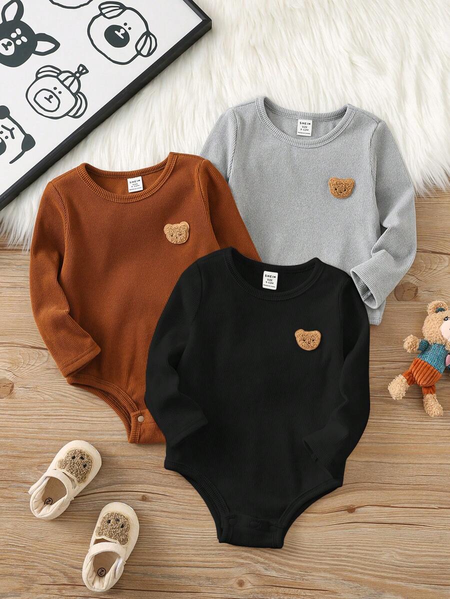 SHEIN 3 piezas Conjunto de ranaper con pies elástico de manga larga con diseño de oso de dibujos animados para bebé recién nacido niño/niña, adecuado para otoño e invierno