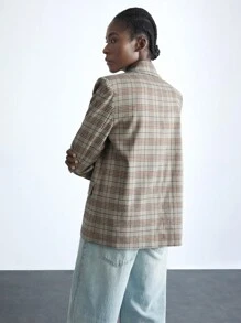 Maija 女士早春卡其色休闲垫肩口袋通勤长袖格子西装外套 - 杏色 - 查看 5