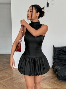 SHEIN EZwear Black Leather Solid Color Splice Flower Bud Hem Backless Sleeveless Dress