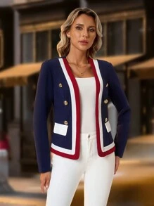 SHEIN Clasi 1pc Women Elegant Stripe Long Sleeve Double-Breasted Blazer, Suit For Commuting, Autumn - Navy Blue - View 6