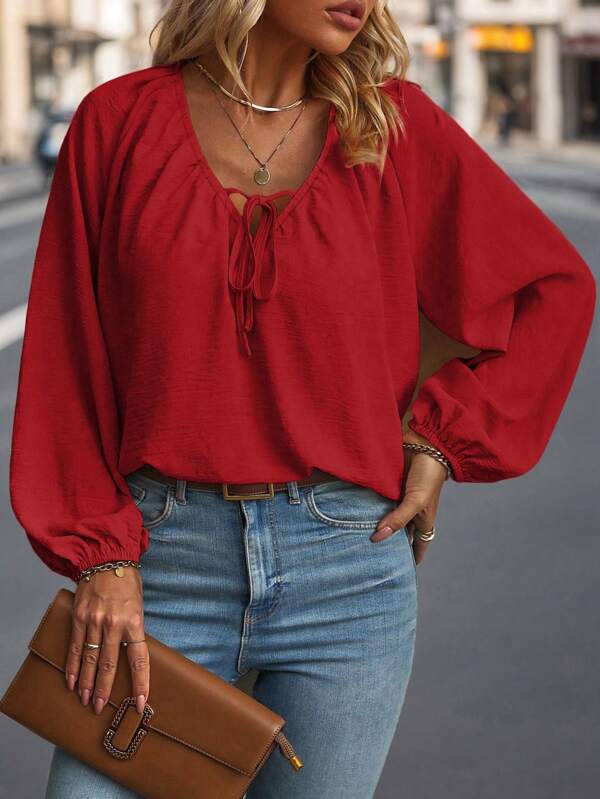 EMERY ROSE Plus Size Casual Solid Color Lantern Sleeve Shirt For Autumn For New Year Clothes Fall Cloth For Women