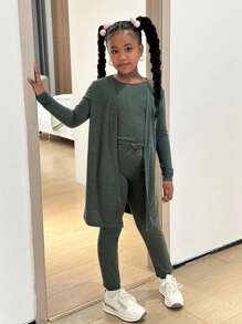 SHEIN Tween Girls 3pcs Set: Knitted Long Sleeve Cardigan, Sleeveless Tank Top, And High Stretch Leggings, Casual Sport Style - Green - View 1
