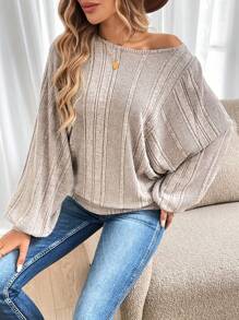 SHEIN LUNE Plus Size Women's Solid Color Round Neck Batwing Sleeve Ribbed Casual Sweatshirt, Autumn Fleece Thanksgiving Women New Years - Apricot - View 7