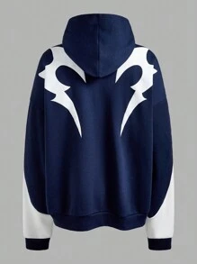 Manfinity VCAY Plus Size Men's Loose Fit Knit Printed Long Sleeve Hooded Sweatshirt, Autumn/Winter Going Out Street Wear Graphic Color Block Hoodie, For Friends, Husband, Boyfriend Gifts
