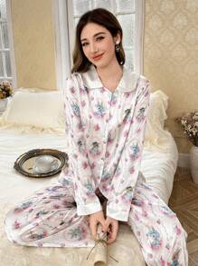 Pijama de manga larga con estampado de conejo y flores para mujer, romántico para otoño/invierno