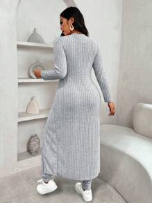 Calvaya Conjunto de 2 piezas de talla grande para mujer, camiseta larga y leggings con dobladillo dividido acanalado de unicolor, informal, para primavera y otoño