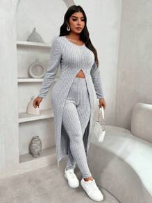 Calvaya Conjunto de 2 piezas de talla grande para mujer, camiseta larga y leggings con dobladillo dividido acanalado de unicolor, informal, para primavera y otoño