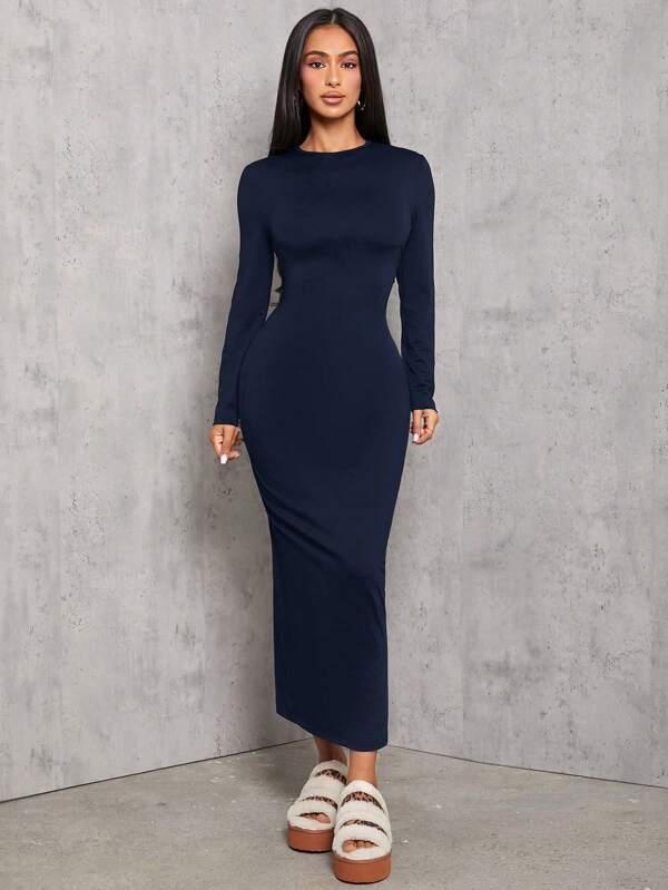 SHEIN PETITE Solid Color Pleated Waist Black Long Sleeve Dress
