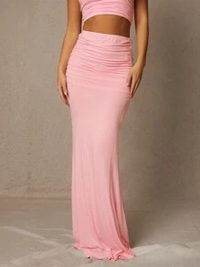 L'Amorae Ropa de invierno para mujer, falda larga elegante de unicolor rosa con volumen en la cintura alta y diseño de cola de pez para boda, fiestas, eventos formales
