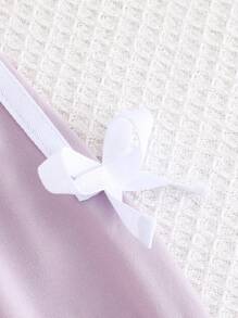 SHEIN Playful Pals 2 件套女婴针织休闲时尚无绒长袖上衣和裤子套装，秋冬。紫色可爱蝴蝶结装饰无绒长袖运动衫套装，优质面料高端时尚休闲风格，适合外出、通勤 - 紫色 - 查看 3