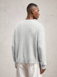 AKNOTIC Business Casual Men Loose Fit Dropped Shoulder Crew Neck Pullover Sweater, Casual Floral Intarsia Knitted Long Sleeve, Soft Fuzzy Fleece, Suitable For Autumn/Winter, Gray Color Blocking