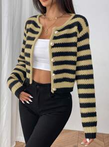 SHEIN PETITE Cárdigan de punto casual de uso diario con botones delanteros a rayas, para otoño/invierno