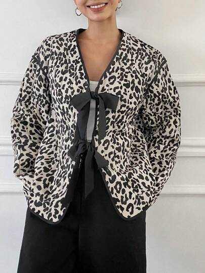 SHEIN Frenchy Women's Bowknot Fastening Long Sleeve Fashionable Leopard Print Open Front Padded Coat,Women Casual Leopard Print Drawstring Padded Coat, Winter Cheetah