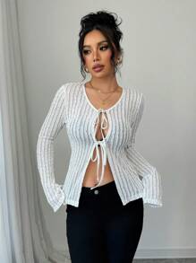 Calvaya Camiseta de manga larga, elegante, de ajuste slim, en unicolor con lazo estilo francés para mujer
