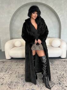 SHEIN SXY Black Fluffy Coat, Thick & Long, Autumn/Winter