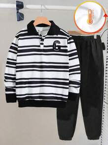 SHEIN Conjunto de 2 peças com Top Polo Listrada Formal + Calça Cargo para Meninos, Conjunto de Outono/Inverno na Moda para Meninos