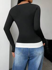 SHEIN LUNE Blusas simples de unicolor con costuras de manga larga para el ocio diario de las mujeres