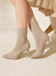 CUCCOO BASICS 时尚杏色高跟尖头弹力针织踝靴，适合通勤、约会、聚会、节日和度假，适合圣诞节和新年假期氛围秋冬季 - 杏色 - 查看 3