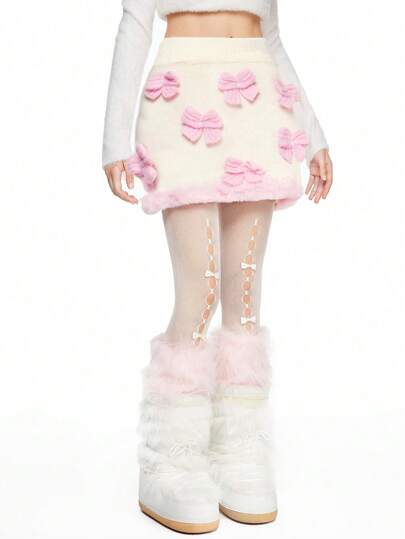 Kawaii Women Cute 3D Bow Decor Fuzzy Sweater & A-Line Mini Skirt Set