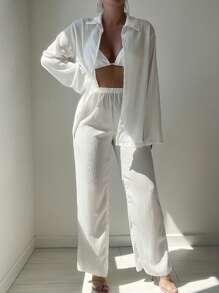 Bonvoyette 2 件套女士夏季度假纯色长袖翻领罩衫和高腰直筒裤套装 - 白色 - 查看 3