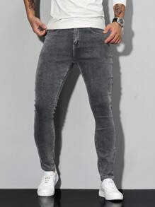 Manfinity Homme Jeans casuales y versátiles de unicolor y corte ajustado con bolsillos para hombres - Gris - Ver 3