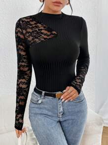 SHEIN Essnce Plus Size Women's Autumn And Winter Fashion Elegant Comfortable Transparent Lace Stitching Black Tight Long-Sleeved T-Shirt,Fall Women Clothes,Office Wear,Curv Tops,Sexy Long Sleeve Tops,Party Women ,Business Casual Women,Work Wear,Christmas Party,New Year Eve,Classy Outfits