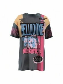 Rovax Áo thun nữ cổ tròn tay ngắn in chữ mùa hè cỡ lớn, áo thun họa tiết, áo thun họa tiết nữ - Màu xám đen - Xem 3