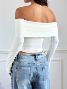 SHEIN EZwear Plus Size Solid Color Off Shoulder Long Sleeve Slim Casual Top
