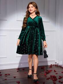 SHEIN Vestido de terciopelo con efecto de brillo en la cintura para niñas preadolescentes, elegante vestido de fiesta reflectante, adecuado para primavera, otoño y invierno/Navidad