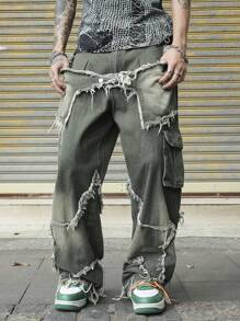 Manfinity EMRG Men's Fashionable Washed Star Print Denim Jeans - Army Green - View 3