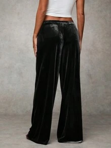 SHEIN BAE Women Minimalist Style Drawstring Waist Loose Wide Leg Long Pants - Black - View 2