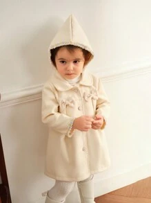 SHEIN Baby Girl Apricot Color Sleeve Trim Front Button Cute Sweet Warm Winter Jacket With Hood, New Arrival For Autumn/Winter - Apricot - View 6
