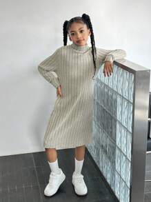 SHEIN 少女休闲高领长袖罗纹针织T恤连衣裙，舒适面料 - 杏色 - 查看 5
