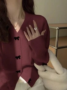 DAZY Cardigan Casual Feminino com Decoração de Laço, Outono - Fúcsia - Visão 1