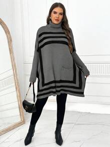 SHEIN LUNE 大码女式高领条纹蝙蝠袖口袋套头毛衣，适合秋冬季针织衫 - 深灰色 - 查看 3