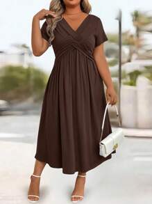 EMERY ROSE Casual Solid Color Twist Front Short Sleeve Dress, Suitable For Vacation Maxi Women Outfit - Brown - View 4