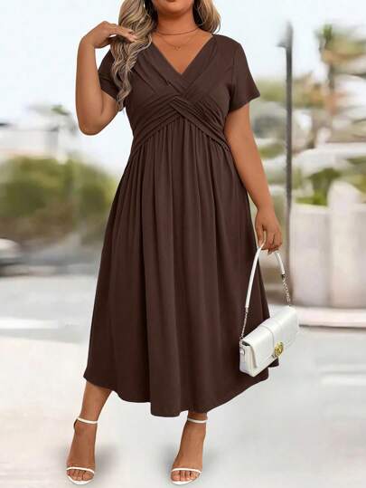 EMERY ROSE Vestido casual de unicolor con nudo delantero y manga corta, adecuado para vacaciones, conjunto de mujer maxi