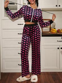 SweetSlumber Women's Autumn Heart Print Zipper Front Drawstring Hoodie And Pants Velvet Pajama Set - Multicolor - View 1