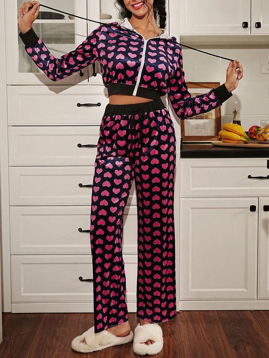 SweetSlumber Women's Autumn Heart Print Zipper Front Drawstring Hoodie And Pants Velvet Pajama Set - Multicolor - View 1