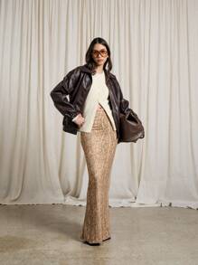 AiiRZ Luxury Leather Bomber Jacket Women Fall Winter Elastic Waist Zip Up Oversized Fashion Outerwear Dark Warm Streetwear - Brown - View 3