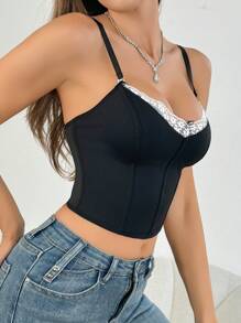 Women Lace Patchwork Shaping Camisole Bra - Black - View 6