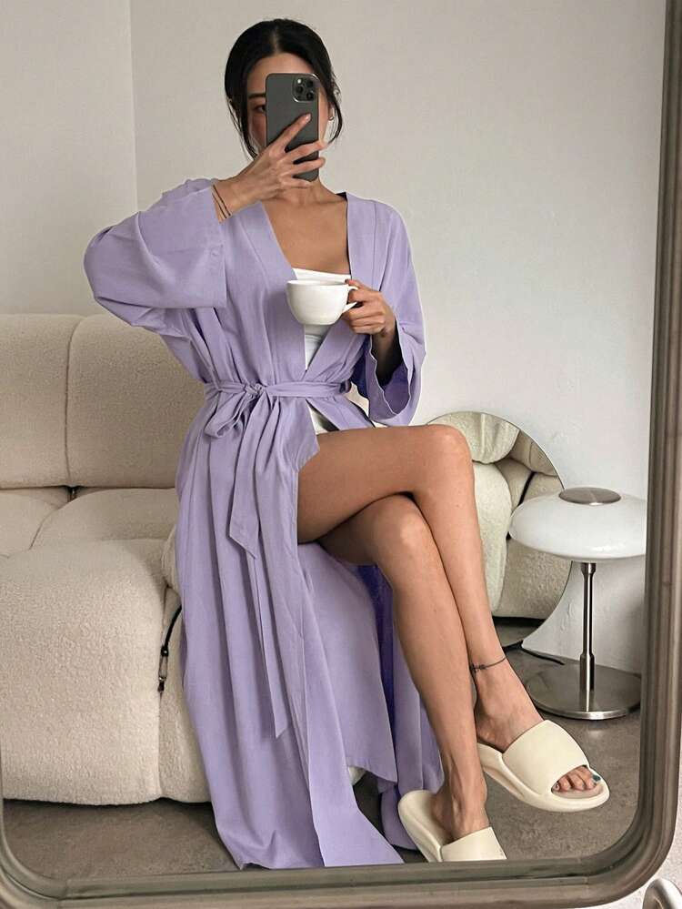 1pc Women Solid Color Loose Casual Long Robe, Homewear, Fall Pajama